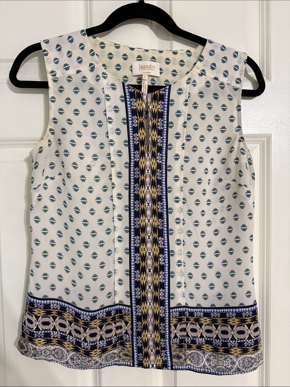 Laundry By Shelli Segal White Sleeveless Printed Camisole with Blue & Navy Trim